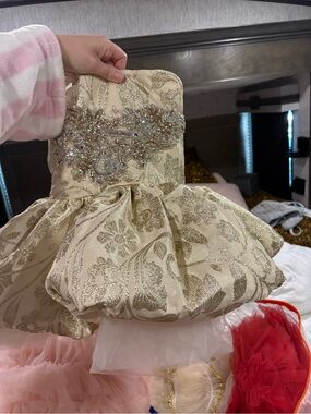 Girls' Shimmery Gold Floral Tulle Party Dress